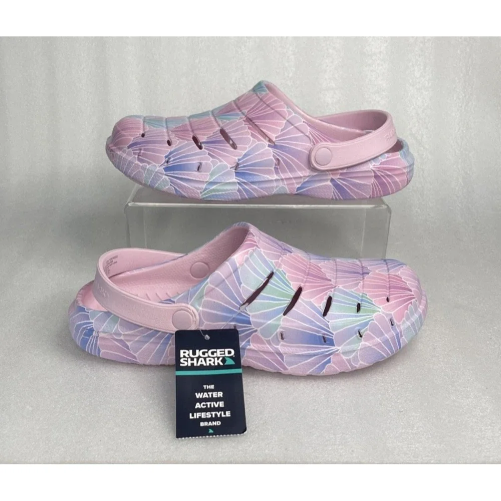 Rugged Shark Eva Shell Print Pink Clogs Slip on Sandals Big Girls Size 6 NEW